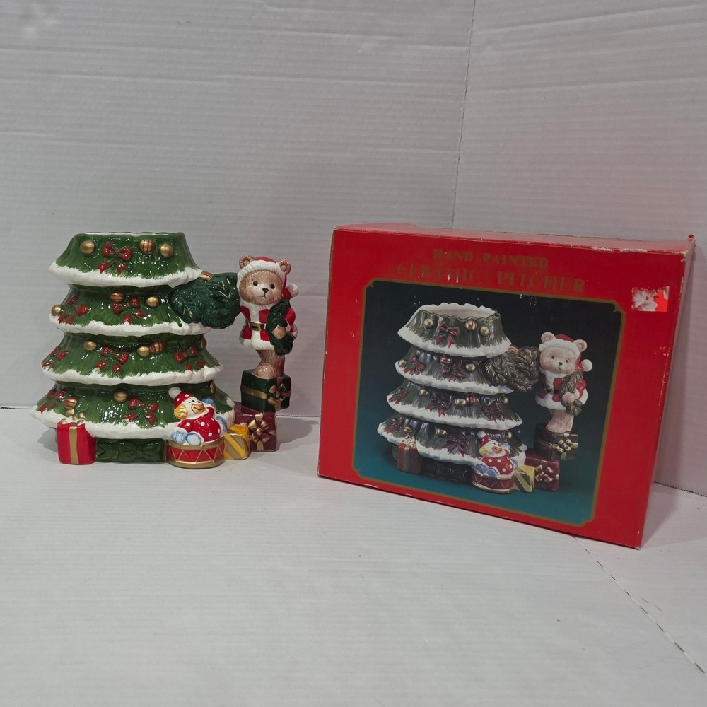 World Bazaars Christmas Tree Teddy Bear Ceramic Pitcher Hand Painted Holiday